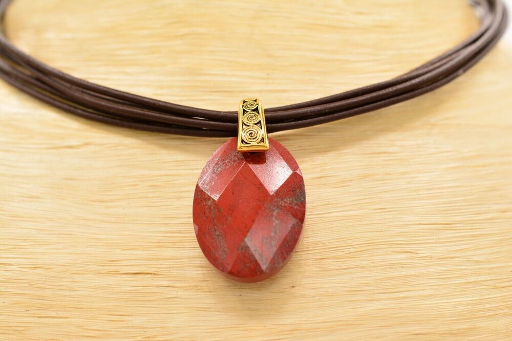Carolee Vintage Collar Necklace Red Crystal Pendant Brown Cord Signed 90s Bin1D